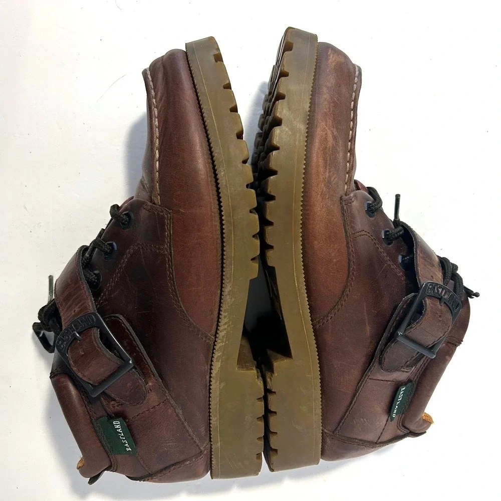 Vtg Eastland Brooklyn Moc Toe Boots Mens 9.5 Brown Buckle Strap Lug Sole Y2K